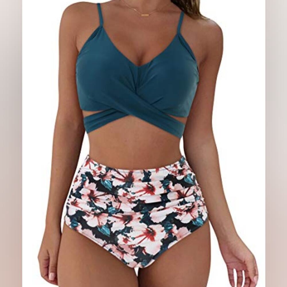 New Floral High Waisted Bikini 2 Piece Swimsuit‎ 518 Blue Hawaiian Tropical M